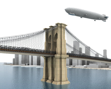 Brooklyn Bridge und Zeppelin über New York City