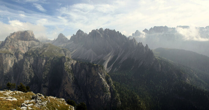 View over Wolkenstein and the cir peaks from the Stevia hut in dolomites, italy, panoramic scenic