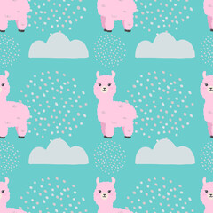 Seamless Pattern. Alpaca llama  in the sky. Cute cartoon kawaii funny smiling baby character. Wrapping paper, textile template. Nursery decoration