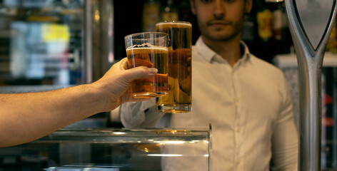 Barman toasting with his customer in a bar