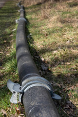 Heavy drainage pipe with connecting piece lies in the grass along a road in the verge. Focus on the...