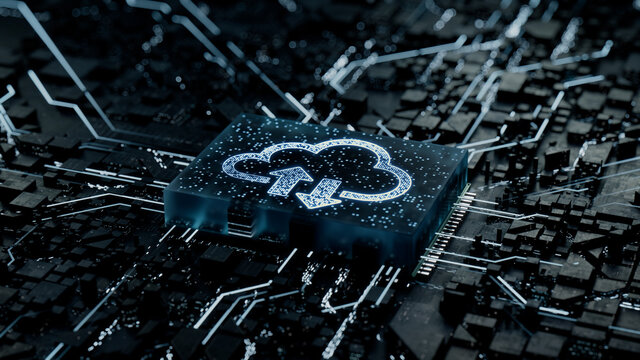 Data storage Technology Concept with cloud symbol on a Microchip. Data flows from the CPU across a Futuristic Motherboard. 3D render.