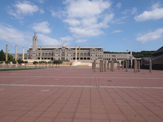 View of olympic stadium of european city of Barcelona at Catalonia district in Spain, clear blue...