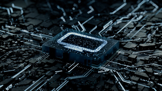 Display Technology Concept with Monitor symbol on a Microchip. Data flows from the CPU across a Futuristic Motherboard. 3D render.
