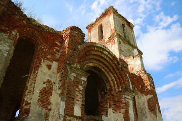 An old ruined red brick church after the war.