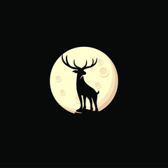 Vector silhouette of deer on moon background. Symbol of night.