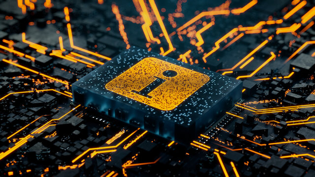 Information Technology Concept with info symbol on a Microchip. Data flows from the CPU across a Futuristic Motherboard. 3D render.