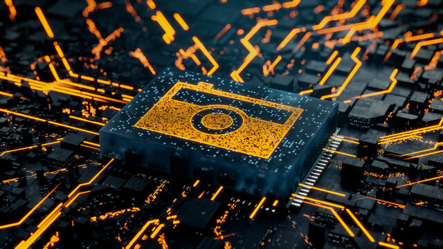 Photo Technology Concept with camera symbol on a Microchip. Data flows from the CPU across a Futuristic Motherboard. 3D render.