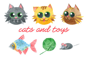 Set of cats and toys, cat things and cat food. Cute black, yellow, brown kittens, carp, yarn ball, mouse. Hand-drawn watercolor cartoon illustrations isolated on a white background. For kids design.