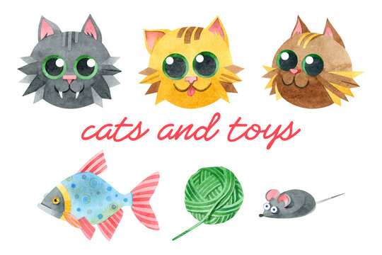Set of cats and toys, cat things and cat food. Cute black, yellow, brown kittens, carp, yarn ball, mouse. Hand-drawn watercolor cartoon illustrations isolated on a white background. For kids design.