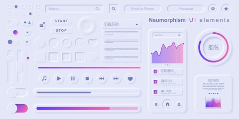 User interface elements for mobile app. Neumorphism User interface design kit. Neumorphism UI UX icons set.