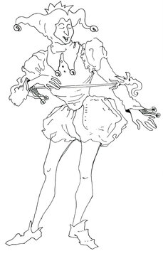 Сourt jester is a fool with a rod in his hands. Medieval image. Graphic line drawing illustration.