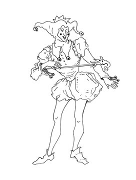 Сourt jester is a fool with a rod in his hands. Medieval image. Graphic line drawing. Vector illustration.