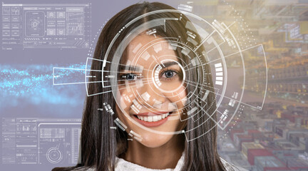 Asian women being futuristic vision over the Part of graphic particle, digital technology screen over the eye vision background,security and command in the accesses. surveillance and sefety concept