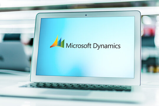 Laptop computer displaying logo of Microsoft Dynamics
