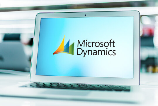 Laptop computer displaying logo of Microsoft Dynamics