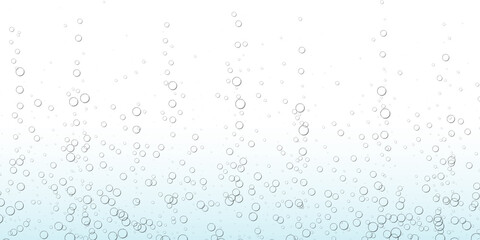 Fototapeta na wymiar Water, oxygen or soda bubbles, underwater fizz effect background, carbonated drink backdrop. Realistic effervescent drink. Vector 3d illustration of aqua with moving fizzing drops