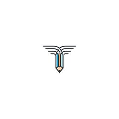 Vector Pencil with a wing logo design like the letter T. Fly pencil emblem template. Modern flat line style graphic designer logo concept. Vector creative logotype element
