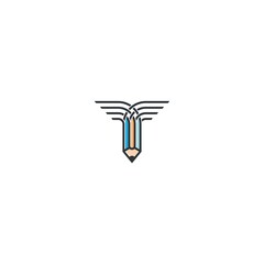 Vector Pencil with a wing logo design like the letter T. Fly pencil emblem template. Modern flat line style graphic designer logo concept. Vector creative logotype element