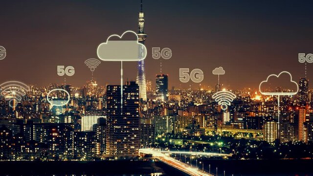 Smart digital city with globalization abstract graphic showing connection network . Concept of future 5G smart wireless digital city and social media networking systems .