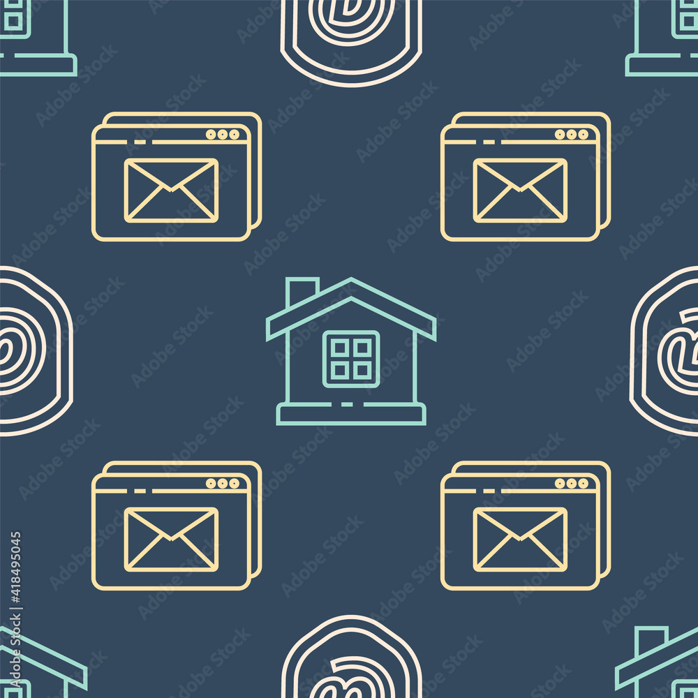 Aufkleber set line shield with mail and e-mail, website and envelope and house on seamless pattern. vector.