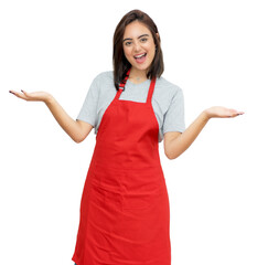 Motivated caucasian waitress with red apron