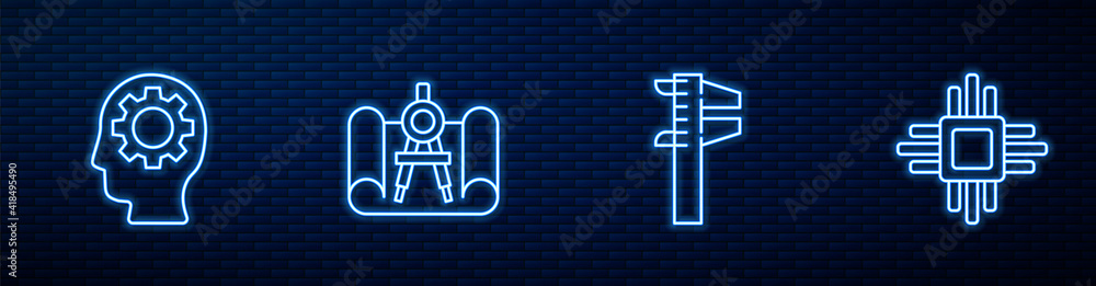 Poster set line calliper or caliper and scale, human head with gear inside, graphing paper compass and proc