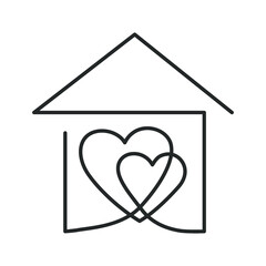 Continuous one line drawing of two hearts inside house, meaning care and love in family.  Vector illustration