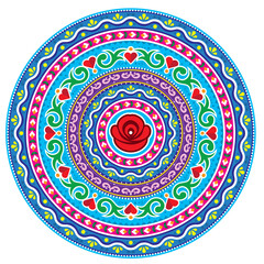 Pakistani or Indian truck art inspired vector mandala design, Diwali round art with flowers, leaves and hearts