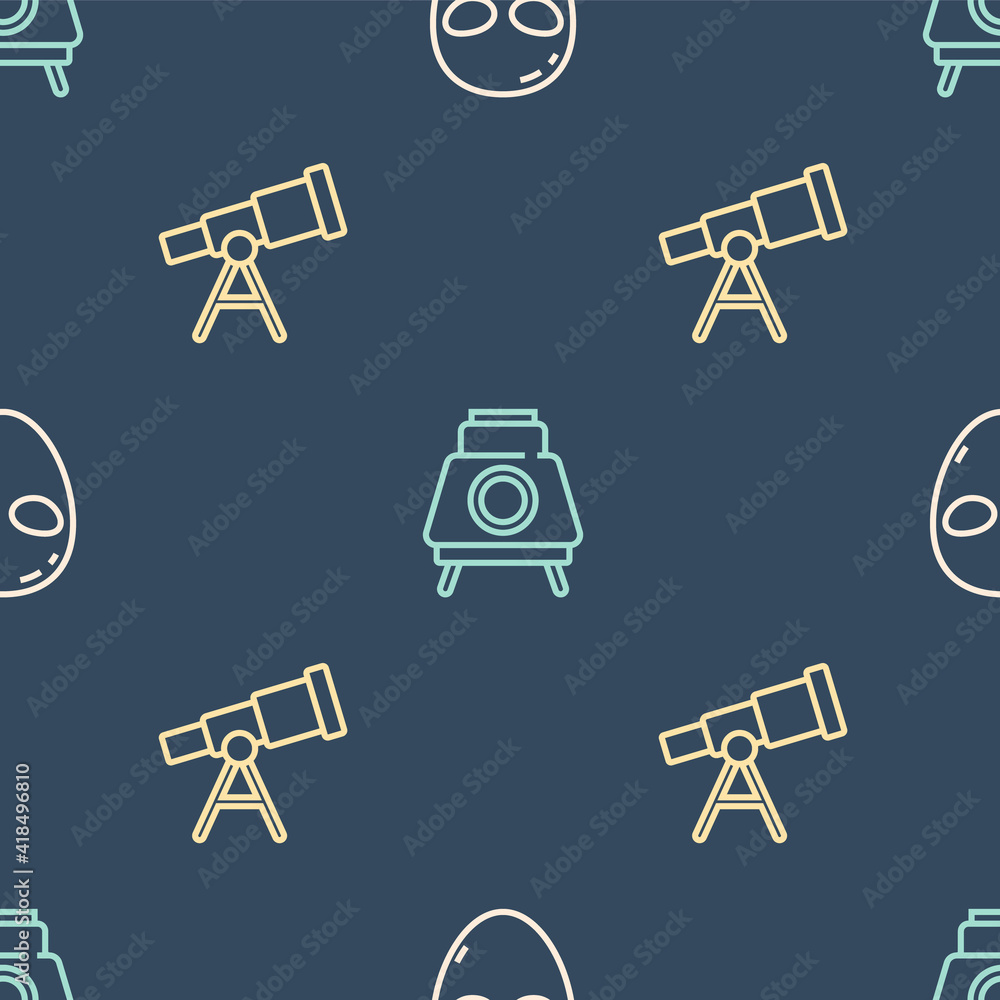 Poster set line alien, telescope and mars rover on seamless pattern. vector.