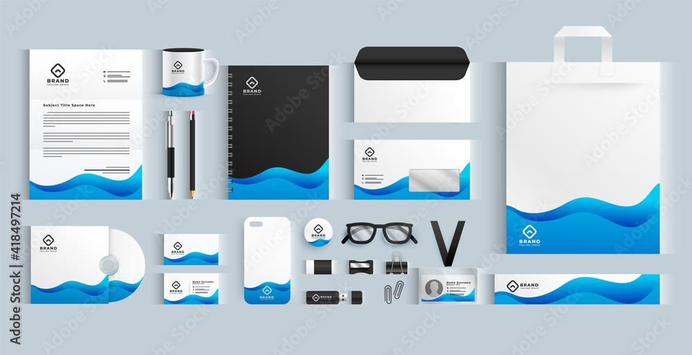 Wall mural blue wavy business brand stationery design set