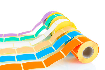 White and colored label rolls isolated on white background with shadow reflection. Color reels of...