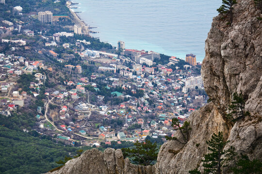 view of the seaside village of Mishor from Mount Ai-Petri in Crimea in winter