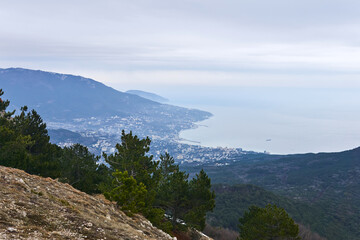 view of the seaside city of Yalta from Mount Ai-Petri in Crimea in winter