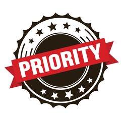 PRIORITY text on red brown ribbon stamp.