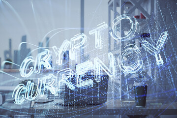 Double exposure of crypto technology theme drawing and office interior background. Concept of blockchain.