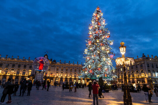 Le sapin de No&euml;l et la boule de la place Stanislas, class&eacute;e au patrimoine mondial de l'Unesco, de Nancy (Meurthe-et-Moselle, Lorraine)