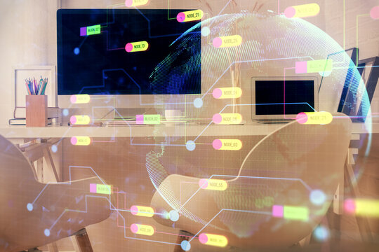 Double exposure of data theme drawing and office interior background. Concept of technology. - Powered by Adobe