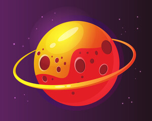 Bright orange planet on a dark background with stars for the design of games and applications.