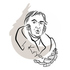 Portrait of poet and writer Ivan Krylov. A well-known Russian publicist, fabulist, poet, publisher of satirical and educational magazines. Black and white sketch of a hand-drawn portrait.