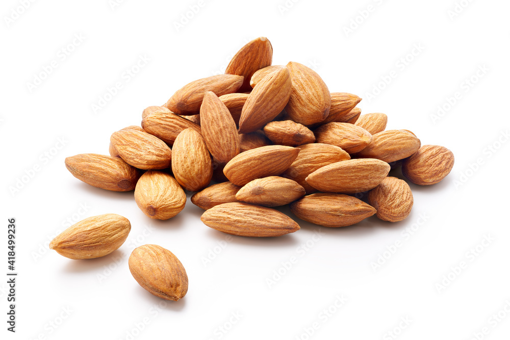 Wall mural heap of almonds isolated on white background - clipping path included