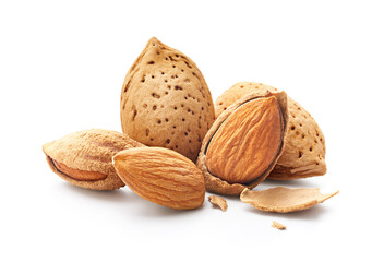 Group of almonds nut with shell isolated on white background
