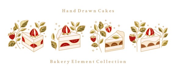 Set of hand drawn cheesecake, pastry and bakery logo elements with chocolate, green tea, floral leaf and strawberry fruit isolated on white background