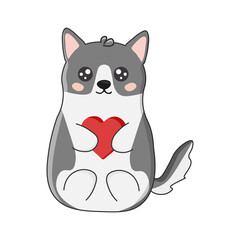 Cute husky with heart in cartoon style. Vector illustration isolated on white background. Print for t-shirts, stickers,  design and more.