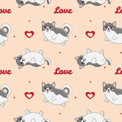 Seamless pattern with husky and hearts. Background for wrapping paper,  greeting cards and seasonal designs. Happy Valentine's day.