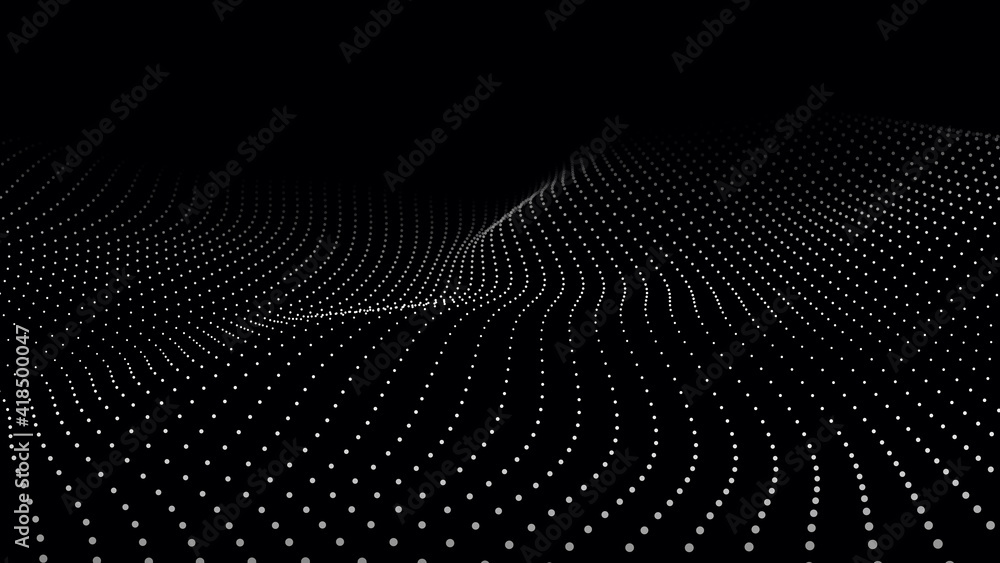 Aufkleber A wave of moving particles. Abstract 3d vector illustration on a dark background.