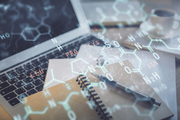 Double exposure of formula drawing and desktop with coffee and items on table background. Concept...