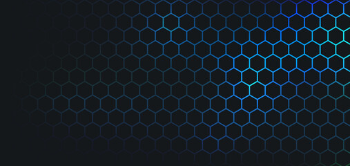 Abstract dark hexagon pattern on blue green neon color background technology style. Modern futuristic honeycomb concept. You can use for cover template, poster, banner web, flyer. Vector illustration