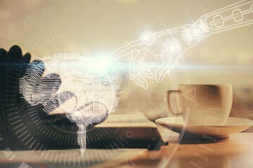 Double exposure of brain drawing and desktop with coffee and items on table background. Concept of...