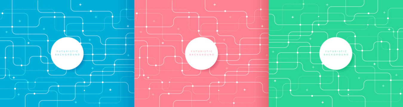 Set of abstract futuristic technology background light blue pink and green color curved lines, dots with copy space. Simple and minimal pastel striped line template. Flat design. Vector illustration